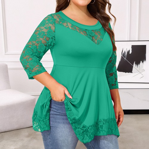 Sexy Women Lace Mesh 3/4 Sleeve Pullover T-Shirt Ladies Casual Blouse Tunic Tops - Picture 23 of 29
