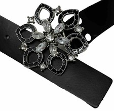 Vintage Express Belt Women s Medium Black Leather Gem Embellished Buckle
