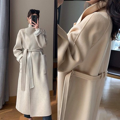 Doppelreihiger Damenmantel Aus Wollmischung Langer Mantel Mit Gürtel Mode Warm