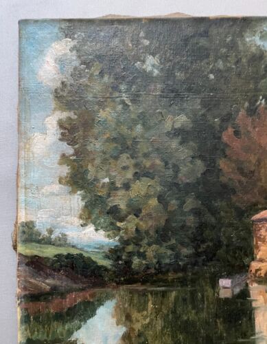 Constructions Au Bord De l'Eau, Huile Sur Toile, Signature à Identifier, XXe - Imagen 4 de 8