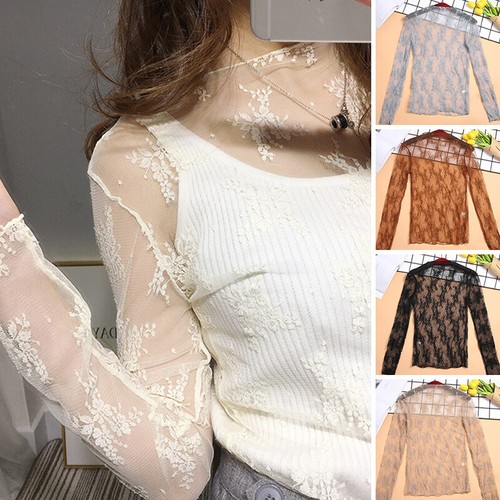 Women's Sheer Mesh Top Ladies Long Sleeve See through Turtleneck T Shirt Blouse - Picture 8 of 47