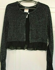 Girl's Sparkly Black  Silver Light Weight Sweater Jewel Button Ruffle Cardigan