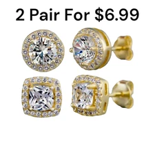 2 Pair Gold Plated Stud Earrings With Cubic Zirconia Hip Hop Jewelry Unisex, Men