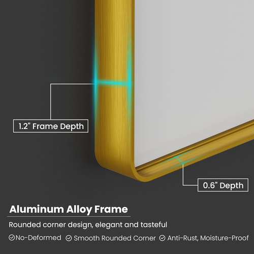 Gold Bathroom Mirror, 60X30 Inch Thick Brushed Metal Frame Wall Mirror, Modern R - Picture 4 of 8