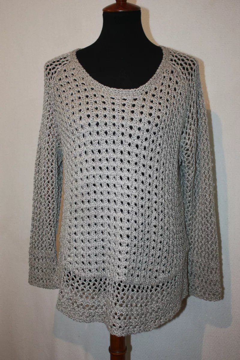 Lucky Brand Sz L Marissa Silver Metallic Pullover Sweater Crochet Knit