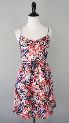 J. CREW Vibrant Sprint Orange Blue White Floral Fit & Flare A-Line Dress Size 0