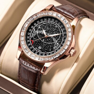 Bling Uhr POEDAGAR Mode Herrenuhr Wasserdicht leuchtendes Leder Quarz