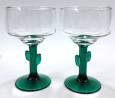 Set of 2 / Libbey Margarita / Wine GLASSES Cactus Green Stem 6" Tall Saguaro VTG
