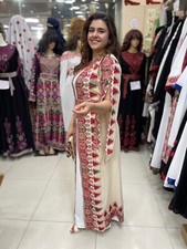 Embroidered Open Abaya Long Kaftan Dress Palestinian Heritage Of-White Color