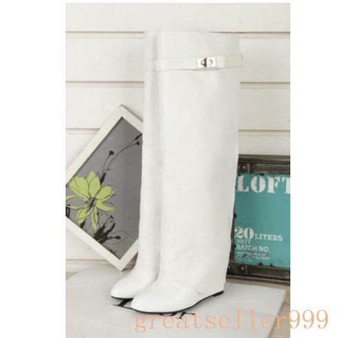 Pointy Toe Women Leather Fold-Over Knee-High Boots Leisure Wedge Heels Boot 2019 - Picture 7 of 46