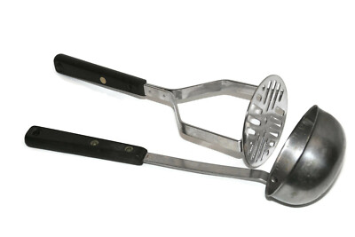 Ekco Forge Stainless Potato Masher/Ladle Spoon Set Black Handle