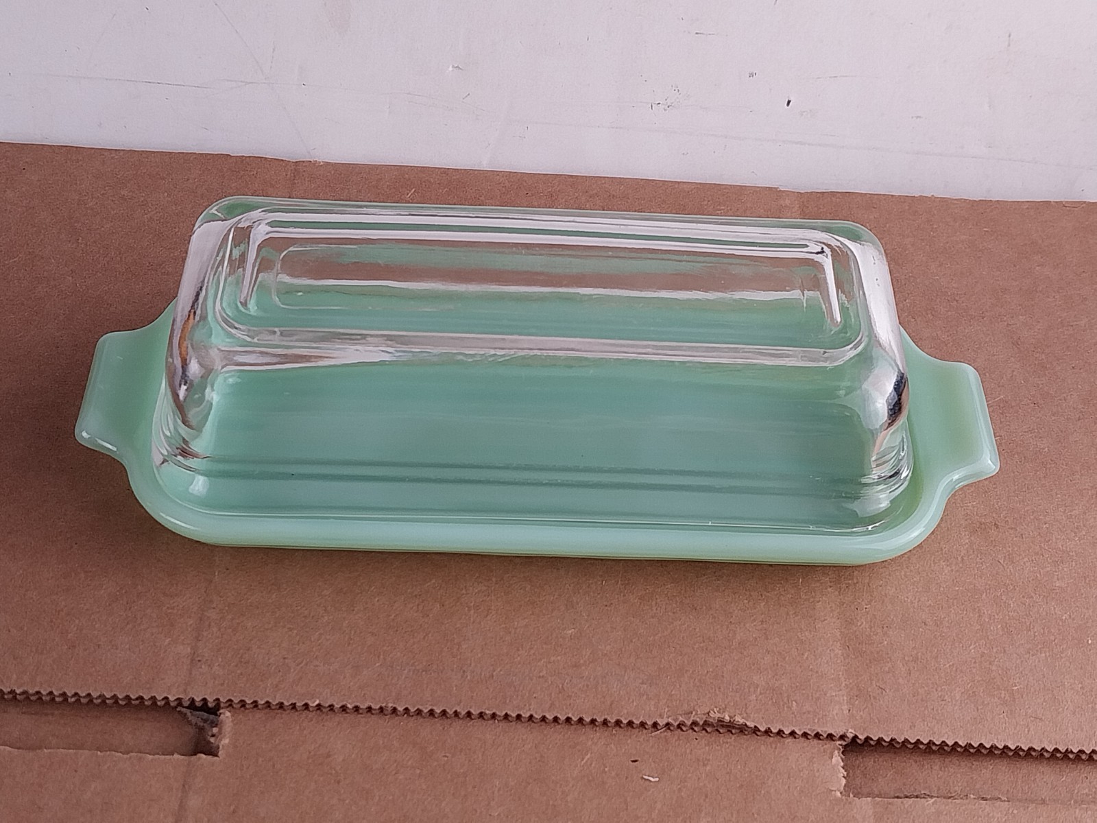 Vintage Fire King Jadeite Green Butter Dish with Clear Glass Lid
