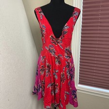 Free People Thought I Was Dreaming Red Floral Mini Dress Sz M Boho strappy back
