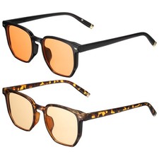 2pcs Sunglasses for Women Men, PC Square, Glossy Black Amber, Yellow