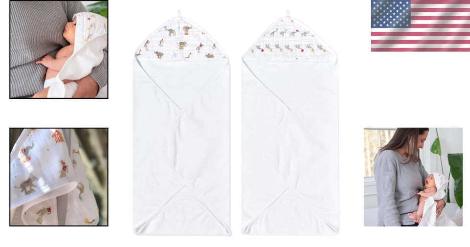 Adorable paquete de 2 toallas con capucha para bebé - algodón súper absorbente con tema de circo Foto 2 de 4