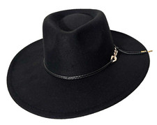 Women's Black Wide Brim Fedora Cowgirl Hat w/Chain Link Hat Band - M 7-7 1/4 