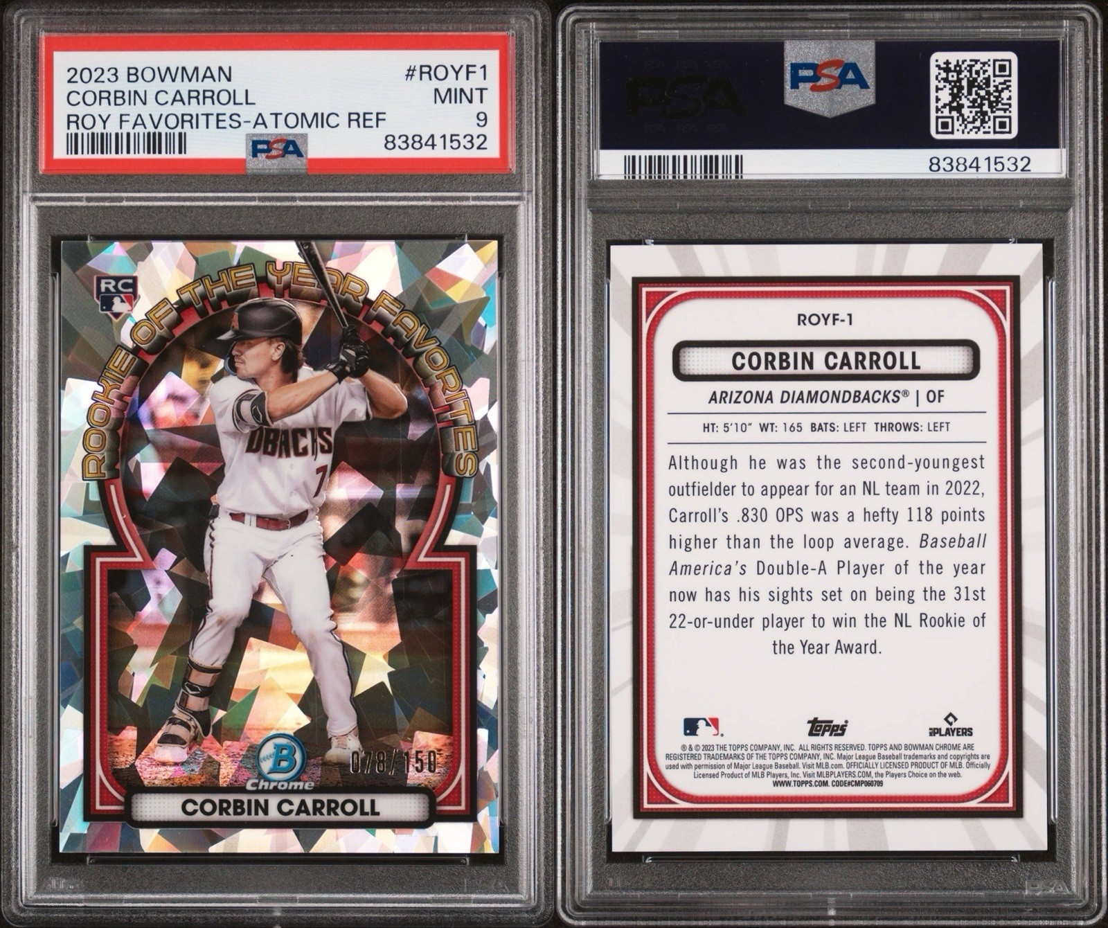 2023 Bowman Chrome ROY Fav Atomic REF #ROYF1 Corbin Carroll RC PSA 9 MINT 78/150 view 3