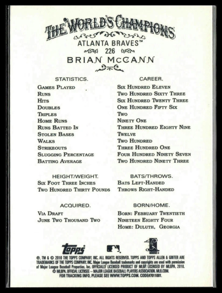 Brian McCann 2010 Topps Allen & Ginter #226 (12M) - Image 2 of 2