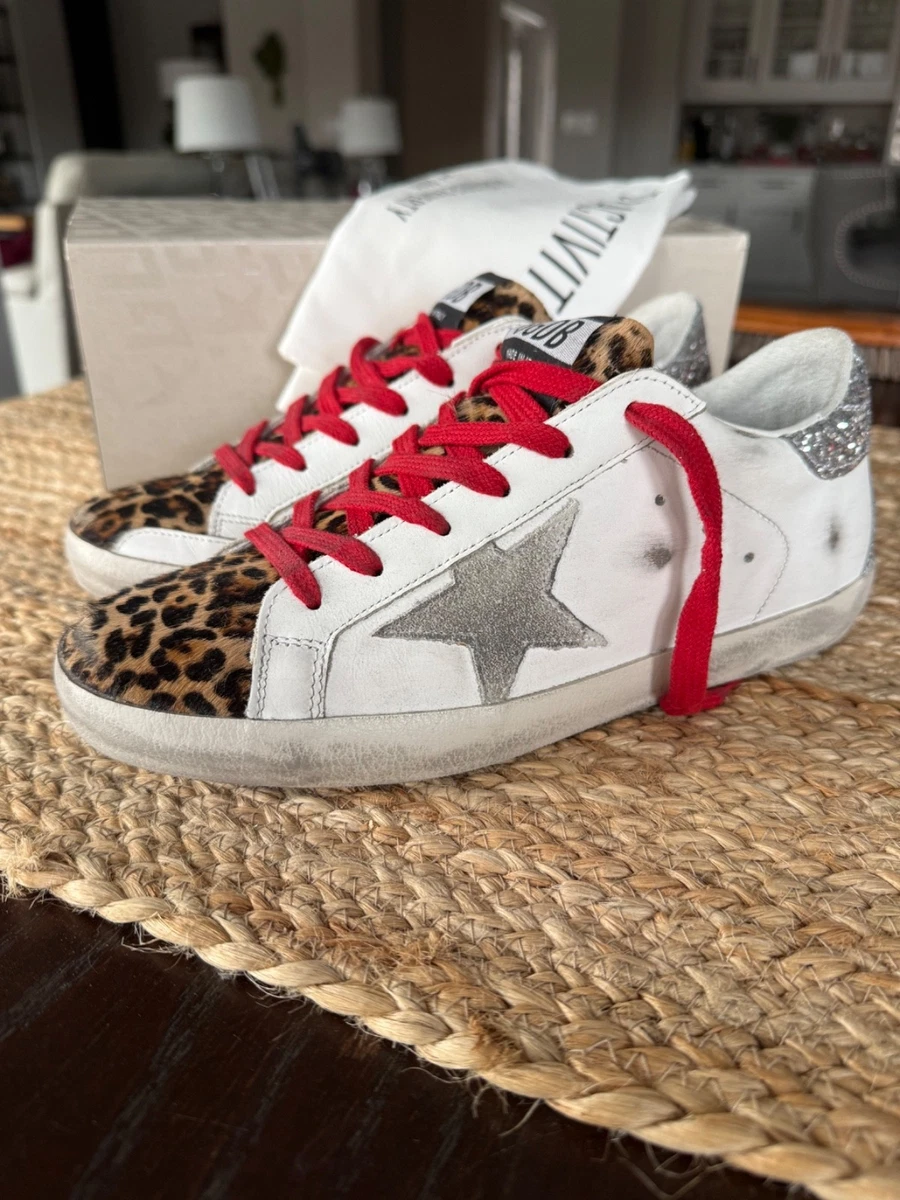 GOLDEN GOOSE Super-Star Sabot distressed leopard-print calf   May Suede White Sneakers w/ Leopard Cheetah Print Star 38, US 8 display picture 1