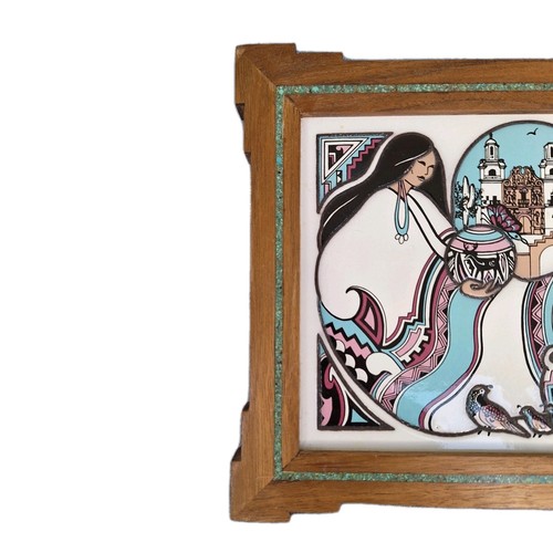 Cleo Teissedre Hand Painted Tile Signed Framed Native American Southwestern 1991 - Picture 5 of 9
