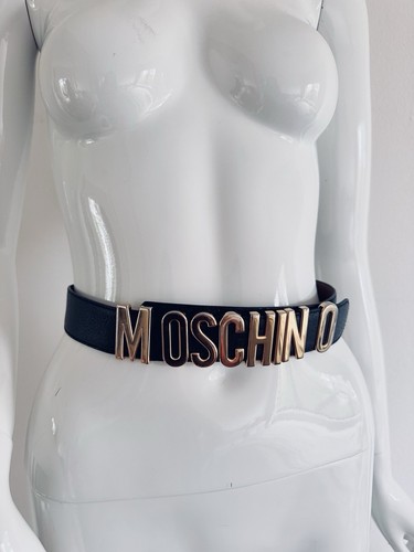 MOSCHINO Belt 90s Vintage Black Leather Gold Logo Letters Monogram 83cm IT40 S🖤 - Picture 13 of 23