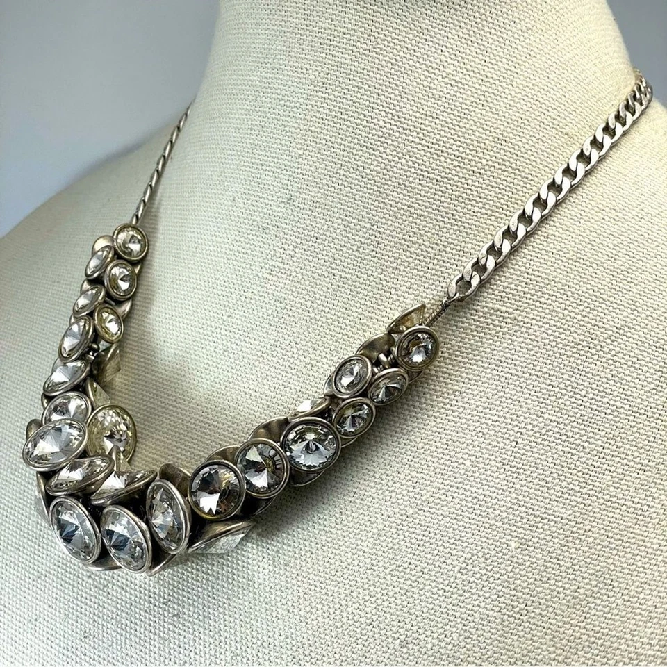 Fossil White Glass Rhinestone Silver Tone Statement Necklace Chain Charms Trendy - Image 2 of 4