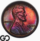 1947 Lincoln Cent Wheat Penny, Stunning Rainbow Color, Gem BU++