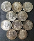 Lot of 10 50c Franklin Silver Half Dollars, Different Dates/Mintmarks
