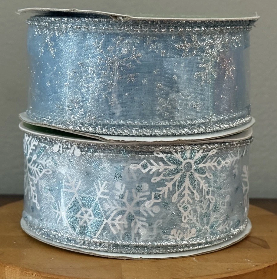 VTG Celebrate It HOLIDAY Wired Christmas Ribbon Blue & Silver Glitter Snowflake - Image 2 of 4