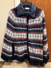 One size Vintage Sears 70s Poncho Knit Hand Slits Button Front Fringe