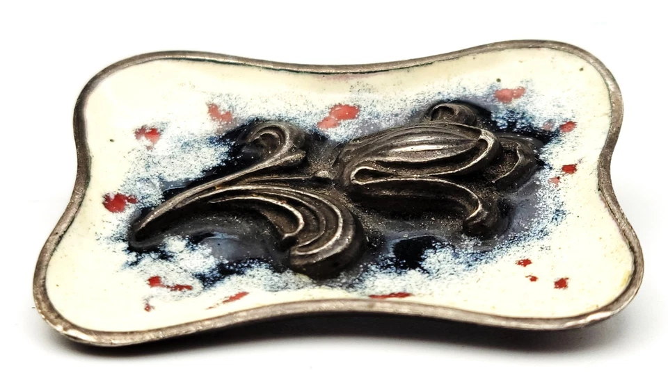 Atq Grabado 835 Plata Esmalte Blanco Alivio Tulipán Rectangular Forma Broche - Imagen 2 de 4