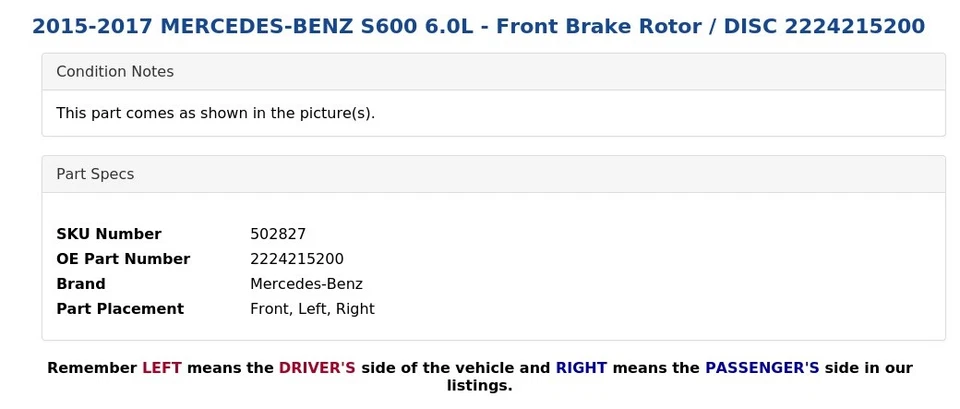 2015-2017 MERCEDES-BENZ S600 6.0L - Front Brake Rotor / DISC 2224215200 - Image 4 of 4