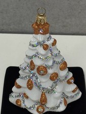 Hand-Blown Glass Christmas Tree Ornament 5  White with Gold Glitter  Box