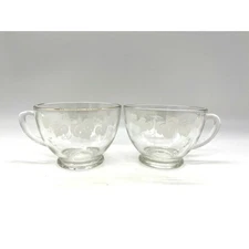 Anchor Hocking Set of 2 Glass Punch / Tea Cups White Grape Leaves Gold Trim