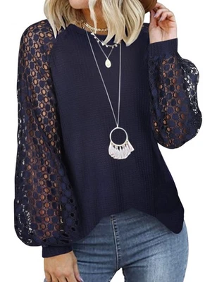 Blouse Femme Manches Longues Dentelle Maille Gaufrée Col Rond Marine L - Photo 1/4