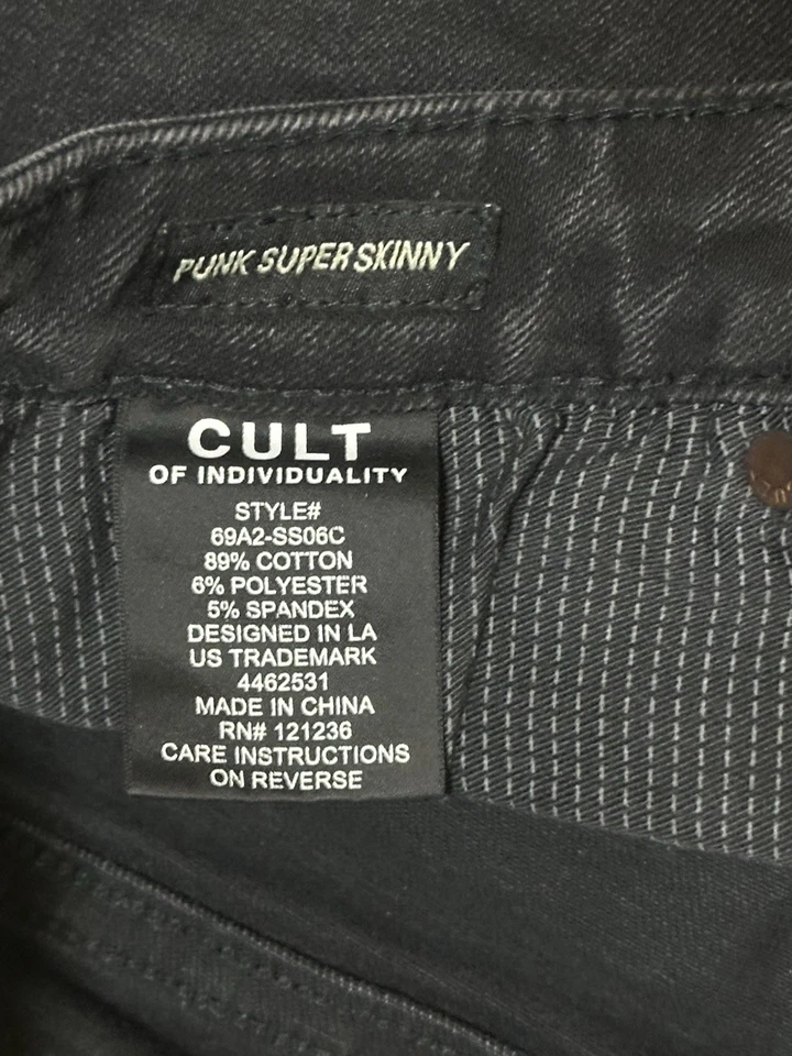 Pantalones de mezclilla negros súper ajustados Cult Individuality Punk 38x32 logotipo desgastado Foto 4 de 4