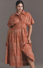 Exquise Anthropologie Midi Shirt Dress Tobie Red Pleated Boho Vacay Retro XS NWT