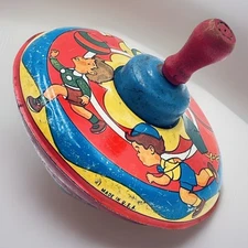 Vintage 5” Metal Litho Tin Toy Spinning Top Boys at Play Running Kite Ball USA