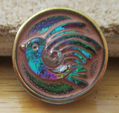 1-Czech Glass Iridescent Bird on a Silver Back Button #93 16.69mm