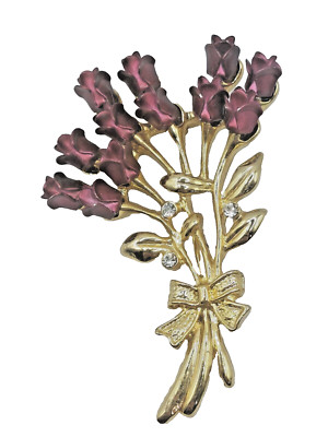 Vintage Bouquet Of A Dozen Burgundy Roses 3D  Gold Tone Clear Rhinestones