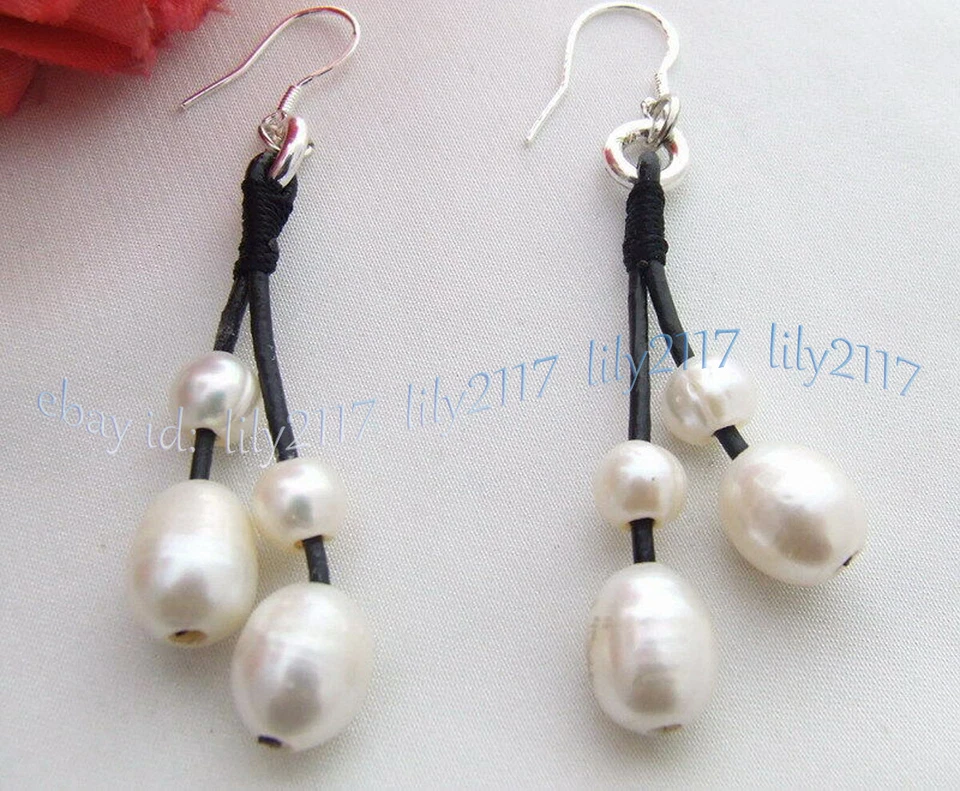 Модные серьги-подвески 9x12 мм с натуральным белым жемчугом черной кожей серебро 925 пробы - Изображение 3 из 4