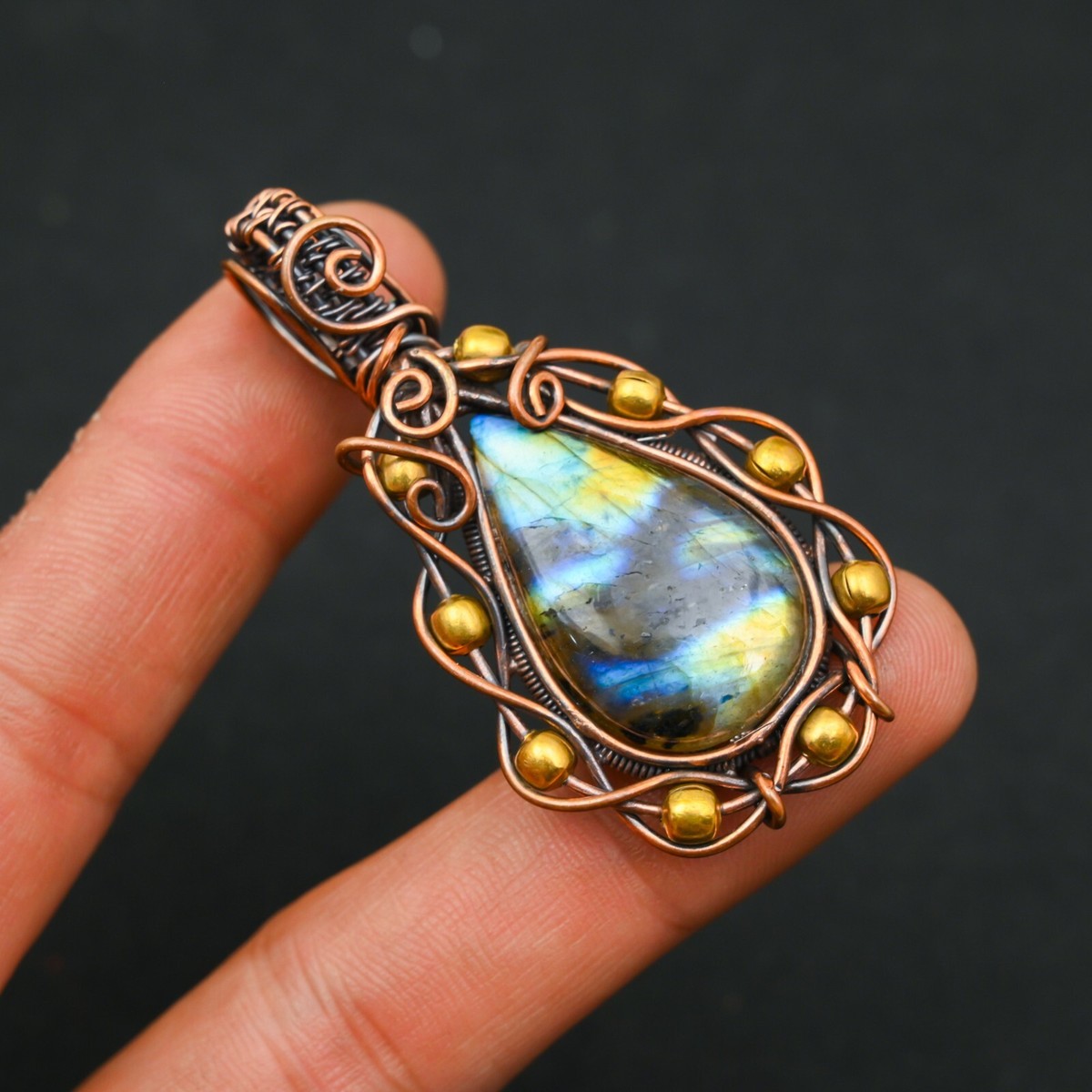 Labradorite Gemstone Copper Wire Wrap Handmade Pendant Jewelry
