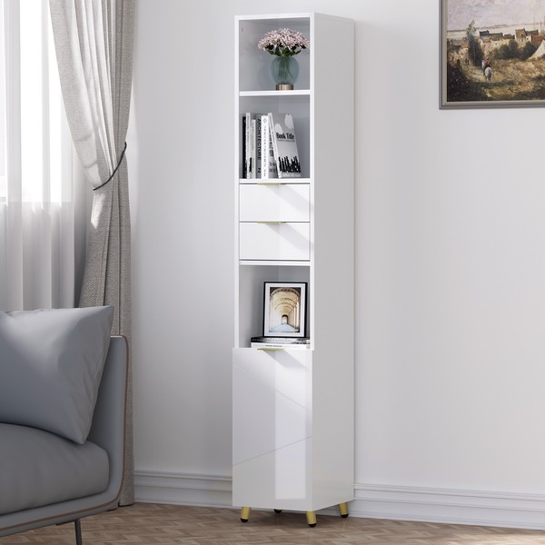 Eugad Hochschrank Badezimmer Weiß Hochglanz Badschrank Schmal Badezimmerschrank-image