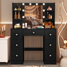 7 Drawers Vanity Desk Set With 10 LED Lighted Mirror For Bedroom Makeup Table