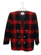 Lord Taylor Vintage Sz.8P Tartan Plaid Womens Red Navy Wool Gold Buttons Blazer