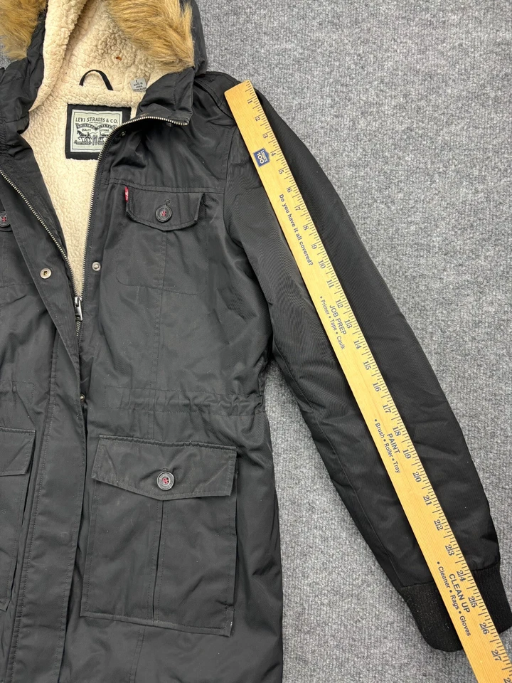 Chaqueta Parka Levi's Para Mujer Grande Negra Forrada Sherpa Piel Capucha Cremallera Completa Carga Foto 4 de 4