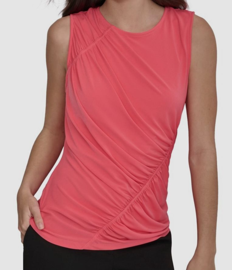 DKNY Women's Pink Crewneck Sleeveless Side-Ruched Knit Top Size XL