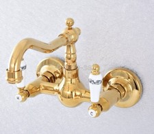 Luxury Gold Brass Double Handle Wall Mount Bathroom Sink Swivel Faucet Mixer Tap
