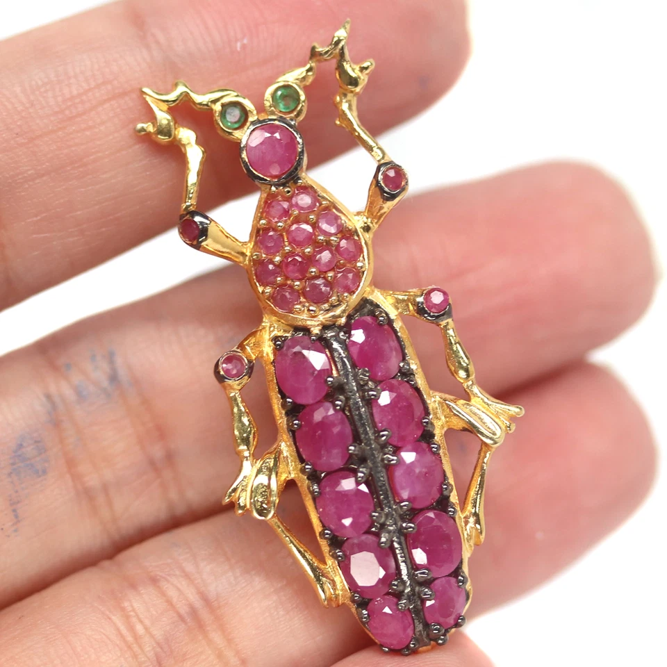 Heated 4 X 5 mm. Pink Ruby & Green Emerald Brooch 925 Silver Sterling - Image 2 of 4