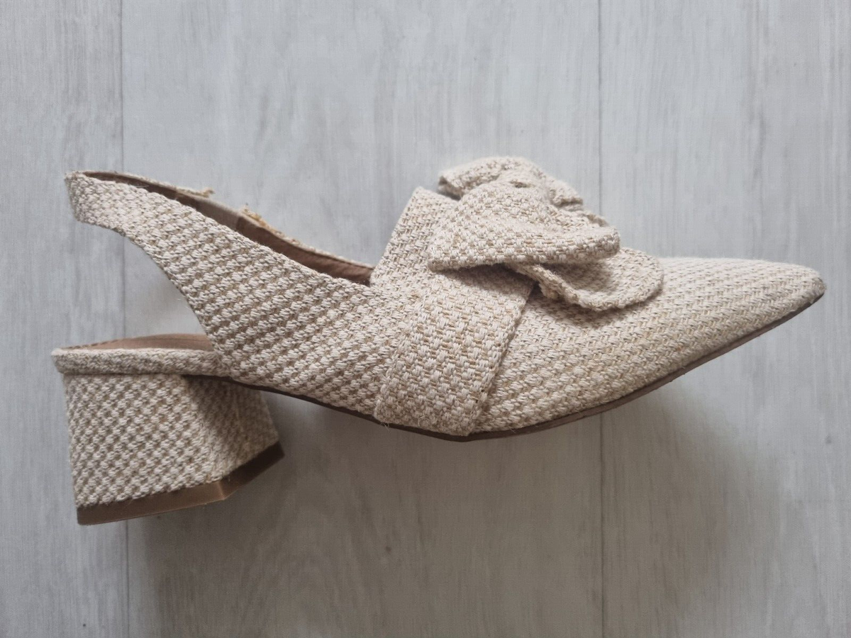 Bow Slingback Block Heels UK Cream Beige (Cotton Tweed Style